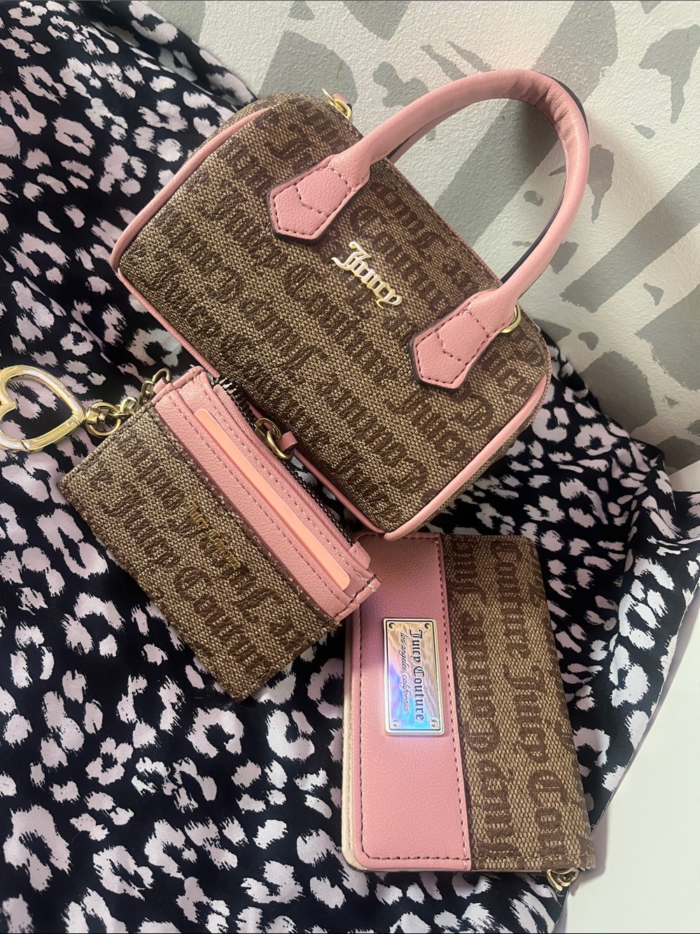 Juicy Couture Brown & Pink Monogram Mini Satchel Set